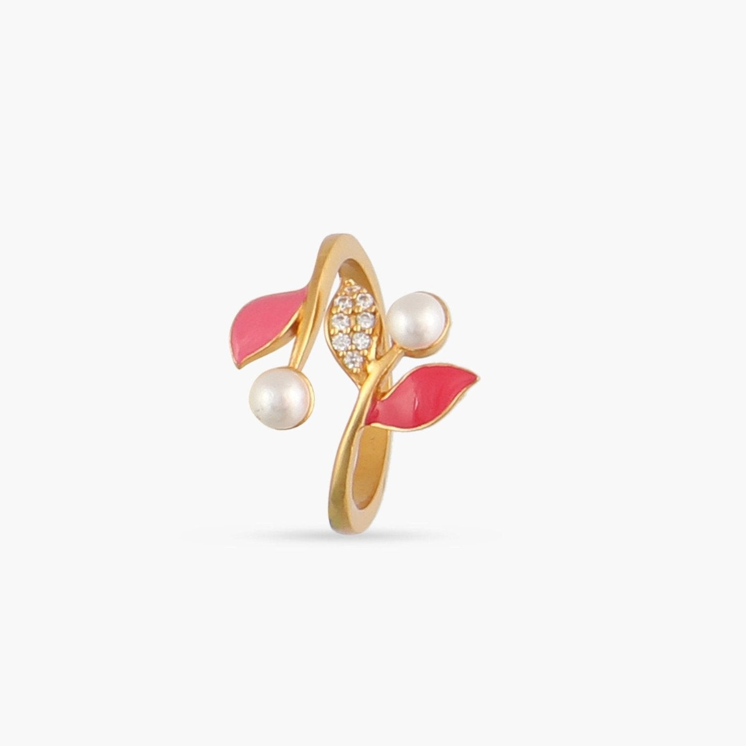 Eriha Pearl Statement CZ Pink Leaf Finger Ring