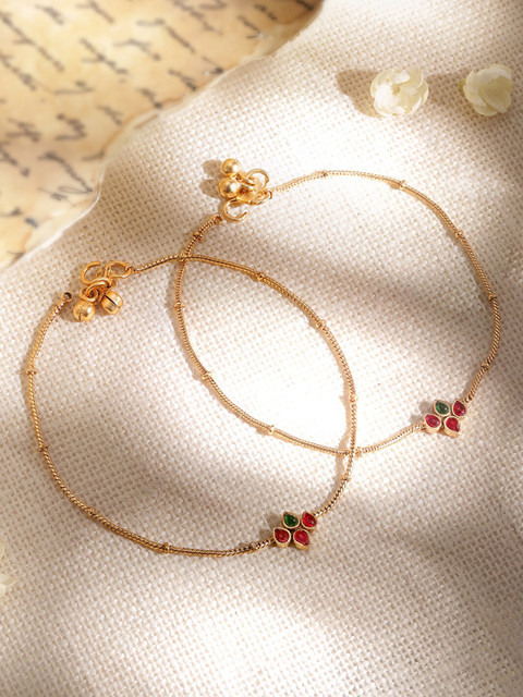 Rubans Set of 2 22K Gold-Plated Red & Green Kundan Studded Anklets with Gold Beads