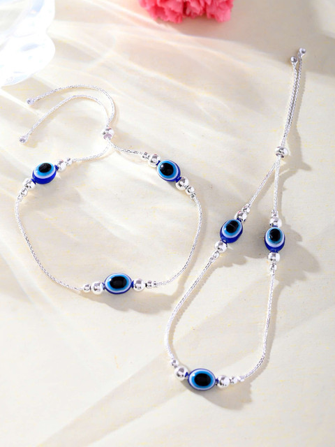 VOJ Silver-Plated Stainless Steel Beaded Evil Eye Anklet VOJ Silver-Plated Stainless Steel Beaded Evil Eye Anklet