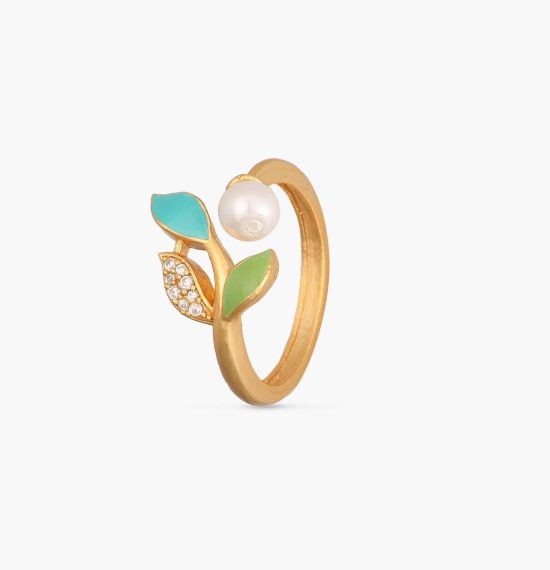Eriha Pearl CZ Green Leaf Finger Ring