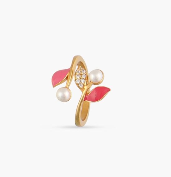 Eriha Pearl Statement CZ Pink Leaf Finger Ring