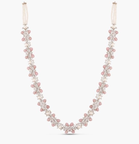 Floral Bloom CZ Pink Beads & Pearl Long Necklace
