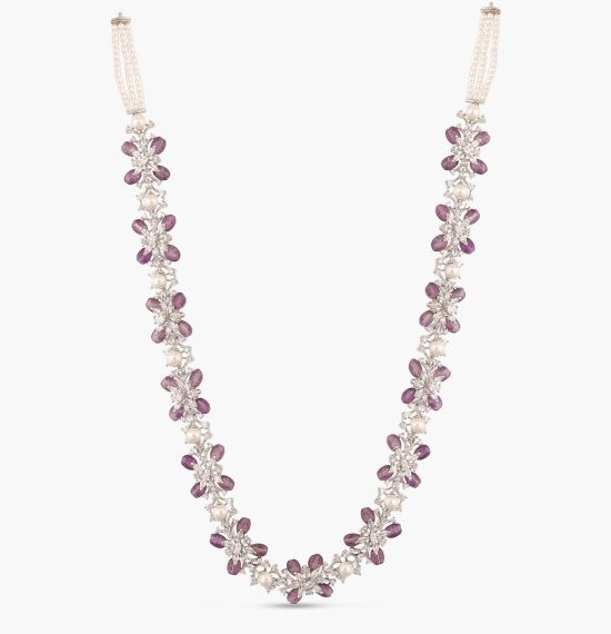 Floral Petal CZ Lavender Beads & Pearl Long Necklace