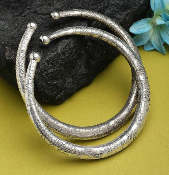 Sanjog Set Of 2 Silver-Plated Engraved Tribal Design Adjustable Oxidised Kada Anklets