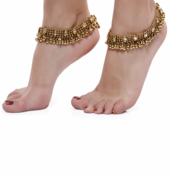 Shining Diva Set Of 2 Gold-Plated White Kundan-Studded Anklets