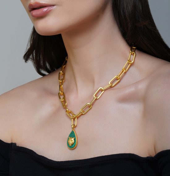Tigris Charm Tiger Link Necklace with Malachite