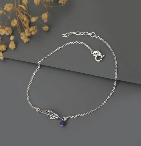 VANBELLE Oxidised Silver-Plated Blue Beaded Anklet