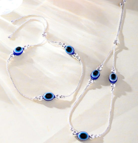 VOJ Silver-Plated Stainless Steel Beaded Evil Eye Anklet